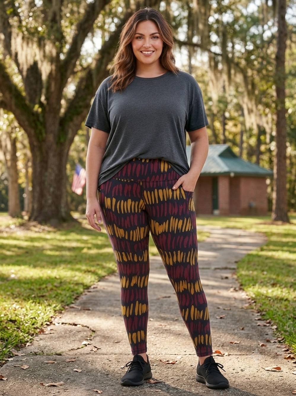 LuLaRoe Plus-Size Leggings in Mustard & Burgundy Brushstroke Print. EUC